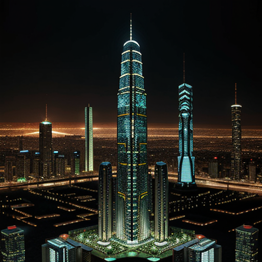 A towering, futuristic cityscape emerging from a landscape of intricate circuit boards.